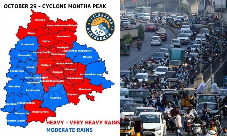 Cyclone Montha Hits Telangana Heavy Rains Red Alerts Issued Schools Closed in Several Districts