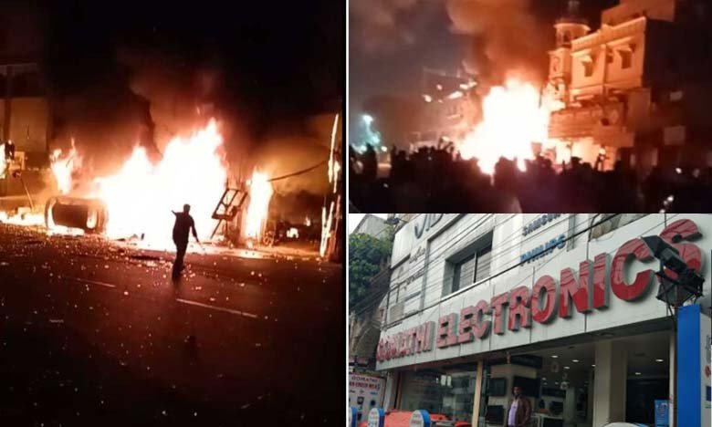 Massive Fire at Gomti Electronics in Shah Ali Banda Hyderabad Repeated Blasts Shake the Area