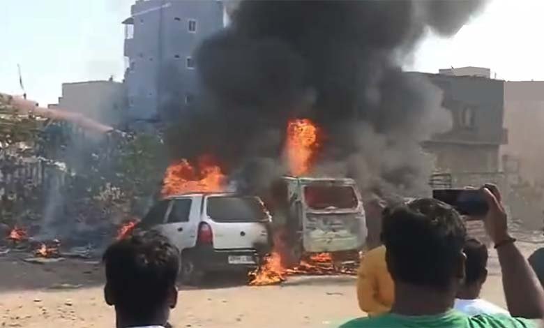 Massive Fire in Hyderabads Jubilee Hills Four Vehicles Destroyed